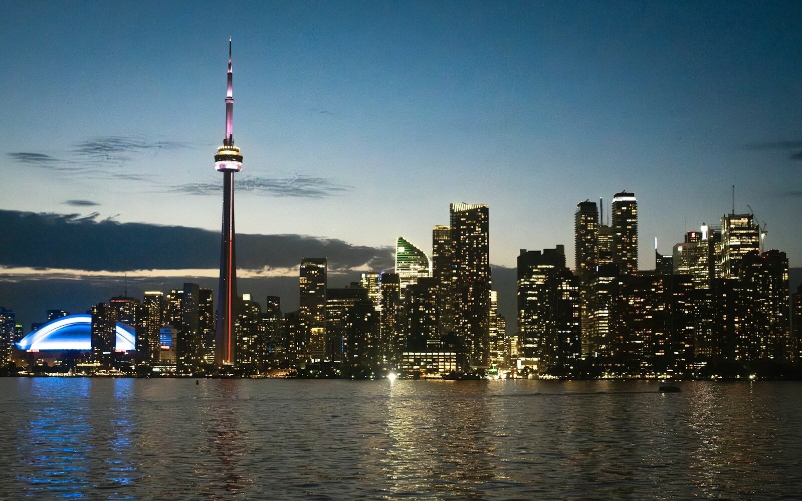 Toronto skyline at night is beautifully lit.
